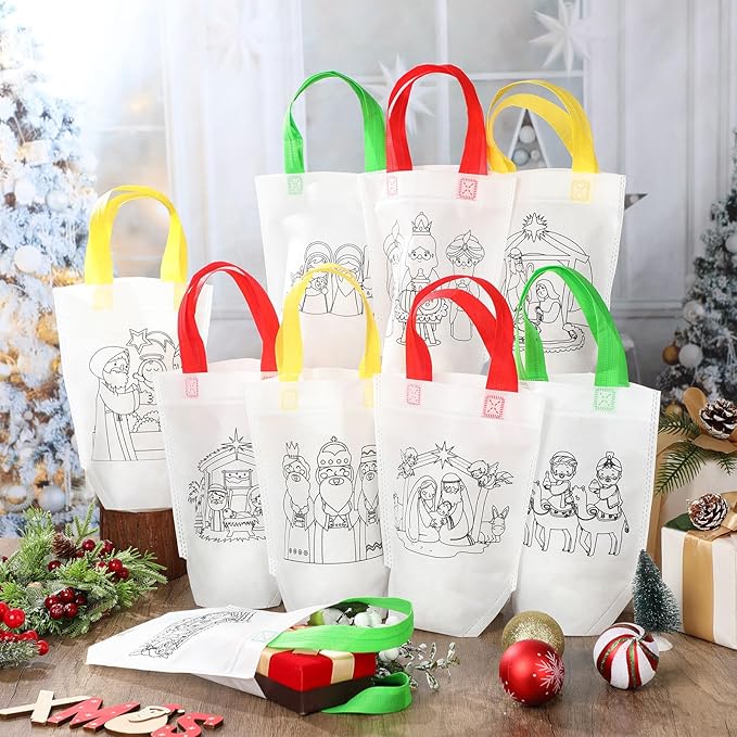 Kacctyen 45 Pcs Nativity Cute Coloring Goodie Bags Christian Reusable Christmas Art Party Favor Paint Bags for Nativity Theme Birthday Bags Color Your Own Bag Graffiti Goodie Bags, 9 Styles