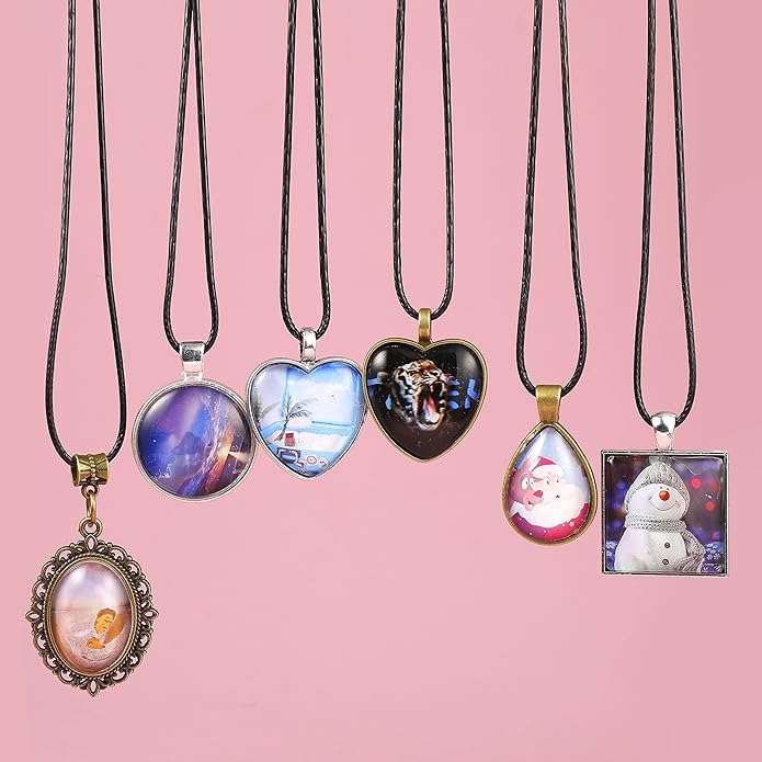 Bezel Pendant Trays Gold and Sliver, Rhinestone Bezel Pendants Trays for DIY Jewelry Craft Making, Picture Necklace Pendant Trays with Clear Glass Cabochons and Chains