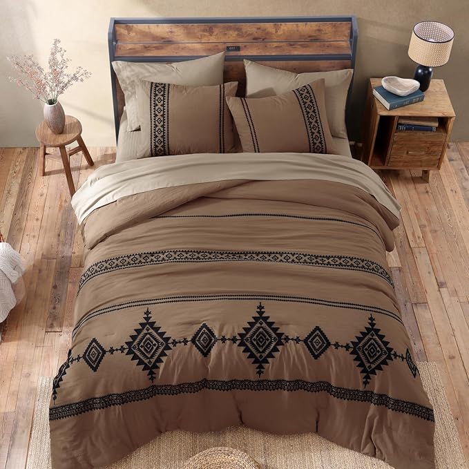MaiRêve Oversized Queen Comforter Set Brown, Embroidery Western Bedding Set Boho 7 Pieces, Farmhouse All-Season Bed in A Bag with Sheets, Pillowcases & Shams