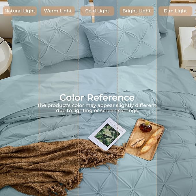 Sasttie Full Size Comforter Set, 7-Piece Bed in a Bag, Pintuck Bedding Sets for All Season, Includes Comforter, Flat Sheet, Fitted Sheet, Pillowcases and Pillowshams, Greylish Blue