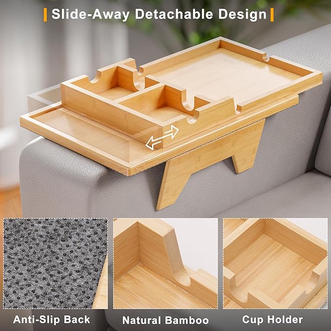 Bamboo Couch Cup Holder Tray - 2 in 1 Couch Armrest Table with Be Slide-Away Detachable Double Holder - Sofa Armchair Caddy for Drinking Snacks iPad TV Remote