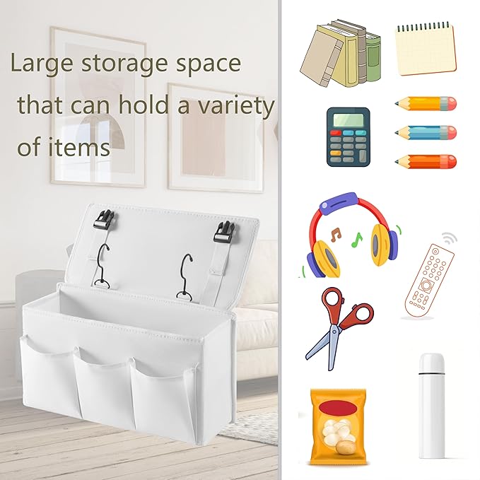 Bedside Caddy Bedside Storage Organizer ,Bed Caddy With Thickened Material Suitable for Homes, Dormitories, Hospitals, Cribs, RVs，Great for Magazines,Books ,Remote, Phone (white)