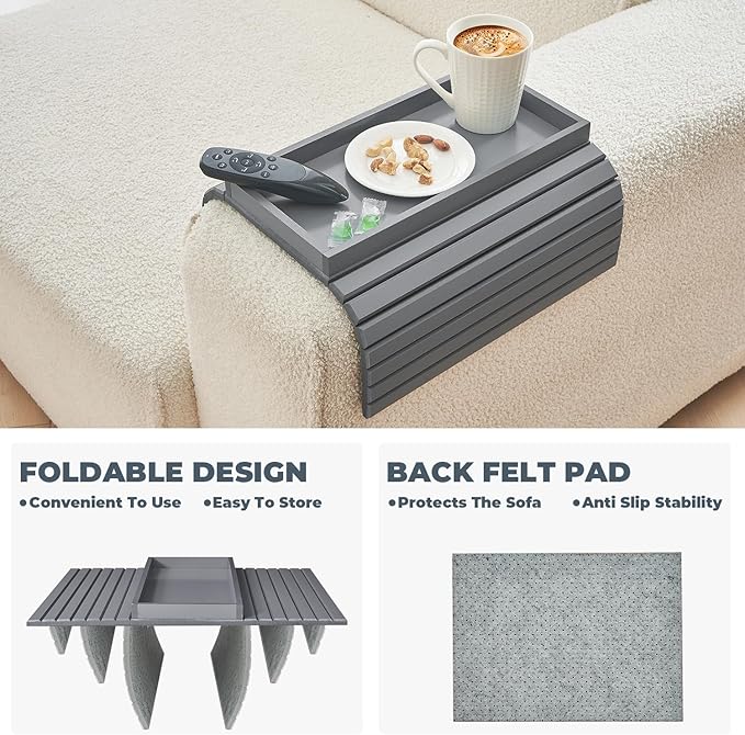 Bamboo Sofa Arm Tray, Anti Falling Couch Arm Tray Table, Foldable Couch Armrest Table, Portable Sofa Armrest Trays Cup Holder for Drink, Cups, Phone, Snacks, Remote