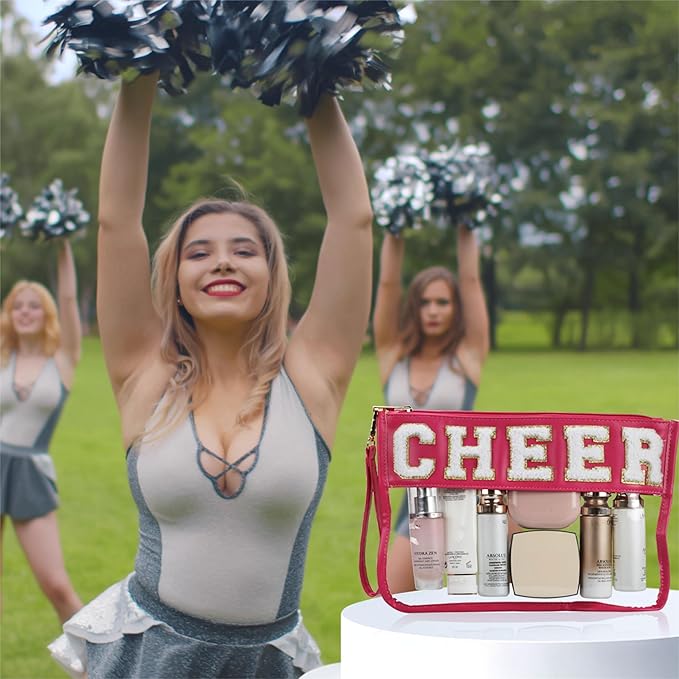BuyCard Cheer Chenille Letter Bags Clear Makeup Bag, Cheerleader Gifts Cosmetic Bag, Varsity Preppy Patch Flat Pouch Cheer Accessories, Waterproof PVC Organizer Toiletry Bag for Women Girls