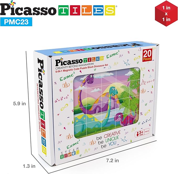 PicassoTiles Magnetic Cube Puzzle 6-in-1 Dinosaur Theme Pattern Magnet Brain Teaser Building Cubes 120 Pictures Toy Set Kids Ages 3 & Up Preschool Children Promote Problem Solving Skills PMC23