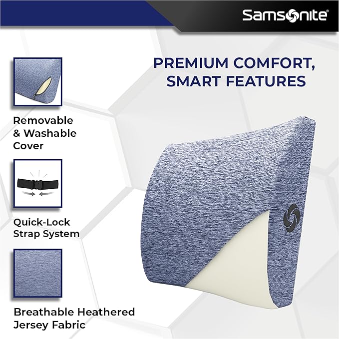 Samsonite Ergonomic Lumbar Support Pillow for Office Chair and Car Seat - Memory Foam Back Support Lumbar Pillow Premium Cushion Chair Support for Lower Back Pain Relief and Versatile Use (Gray-Blue)