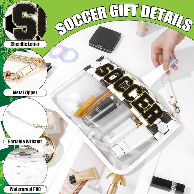 BuyCard Soccer Gift Makeup Bag with Chenille Letter Patch, Clear Cosmetic Pouch PVC Organizer Purse, Waterproof Travel Bag, Portable Toiletry Storage Bag for Her Friends