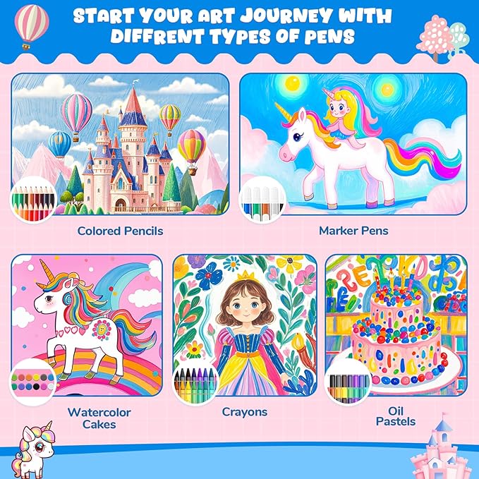 homicozy Art Supplies, Unicorn Drawing & Coloring Set with Crayons, Colored Pencils, Markers, Sketchbook, Watercolor Cakes, Stencils, Arts and Crafts Painting Kit for Kids Ages 4-10, Girls Boys Gift