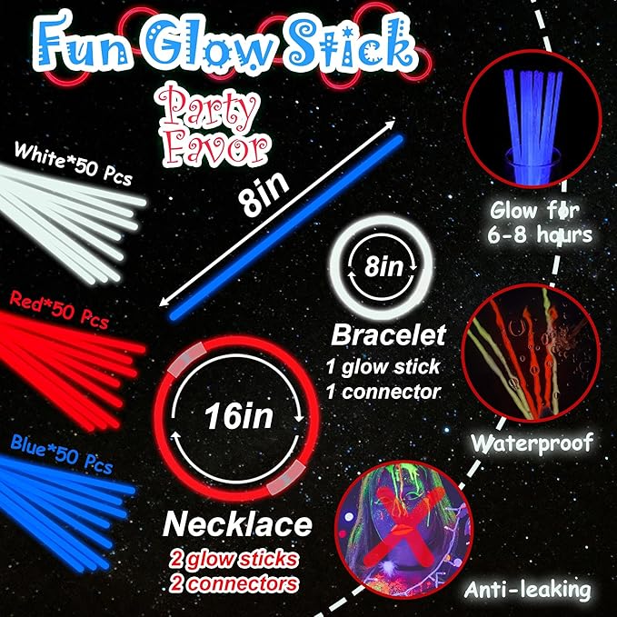 150 pk 8" Glow Sticks Bulk Party Favors, Light up Glow Necklaces & Bracelets in the Dark Party Supplies For 4th of July Halloween Birthday Neon Party (150 * Blue Red White)