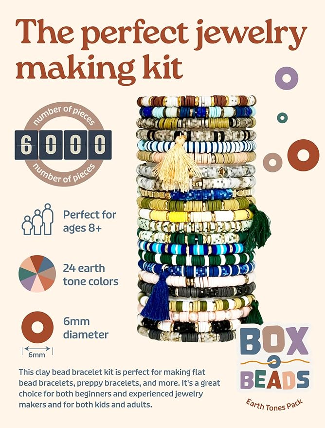 Box-O-Beads, 6000 pcs Polymer Clay Heishi Beads for Bracelet & Jewelry Making, DIY Bracelet Making Kit for Kids & Teens Ages 8-12, 24 Earth Tone Colors, 6mm Beads