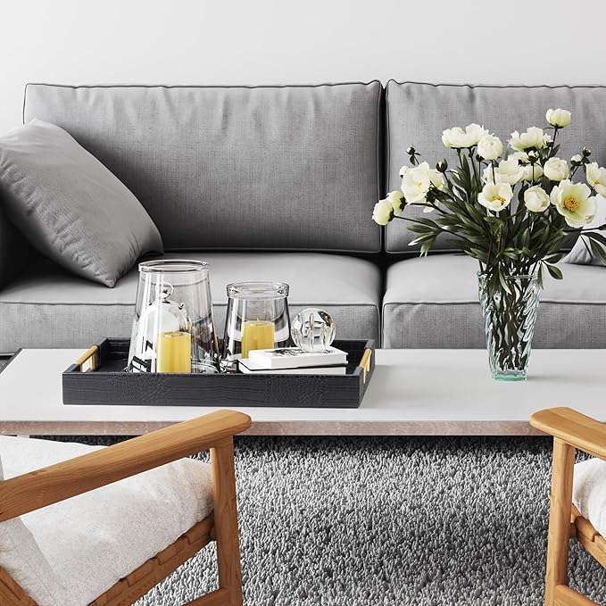 ATZYmolin 17" x 12" Wood Serving Tray with Gold Polished Metal Handles, Home Decorative Wooden Rectangle Ottoman Leather Decor Platter Bathroom Vanity Tray for All Occasions Alligator Black