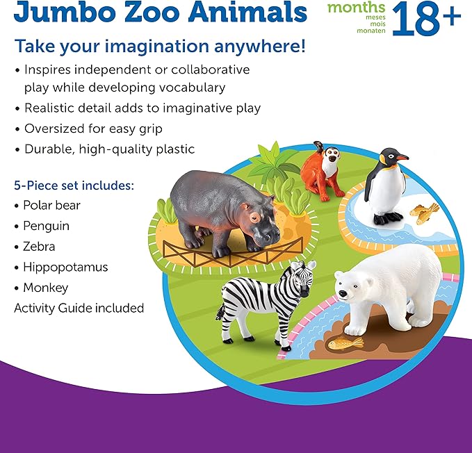 Learning Resources Jumbo Zoo Animals I Monkey, Penguin, Zebra, Polar Bear, and Hippo, 5 Animals, Ages 2+