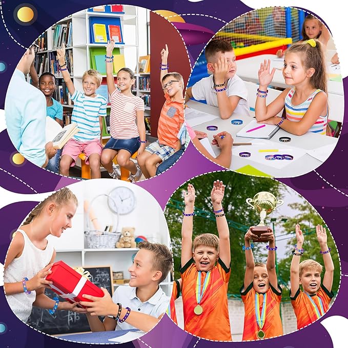 JUNEBRUSHS 42pcs Outer Space Party Favors Silicone Bracelets Galaxy Astronaut Stars Space Rubber Wristbands Accessories for Students Space Themed Birthday Party Favors Decorations Supplies(6 Designs)