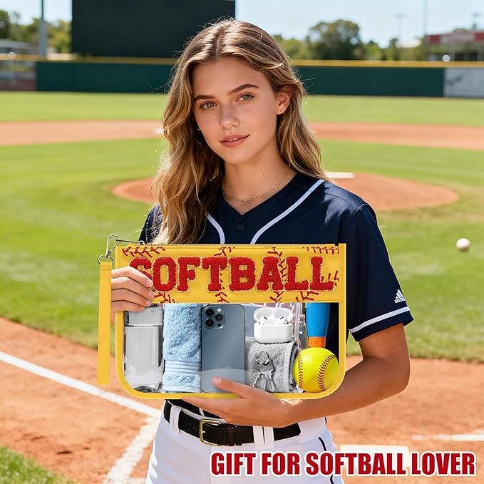 BuyCard Softball Gifts Makeup Bag with Chenille Letter Patch, Clear Cosmetic Pouch PVC Organizer Purse, Waterproof Travel Bag, Portable Toiletry Storage Bag for Her Friends
