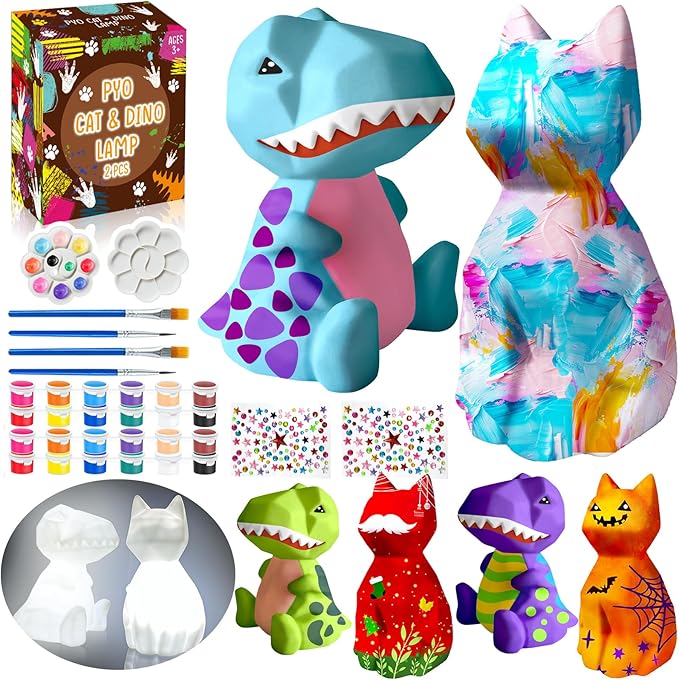 FUNZBO 2Pcs Paint Your Own Dinosaur & Cat Lamp Kit - Arts and Crafts for Kids Teens Adults, Art Supplies Painting Kits for Kids, Toys for Girls Boys Halloween Birthday Gift Ages 3+