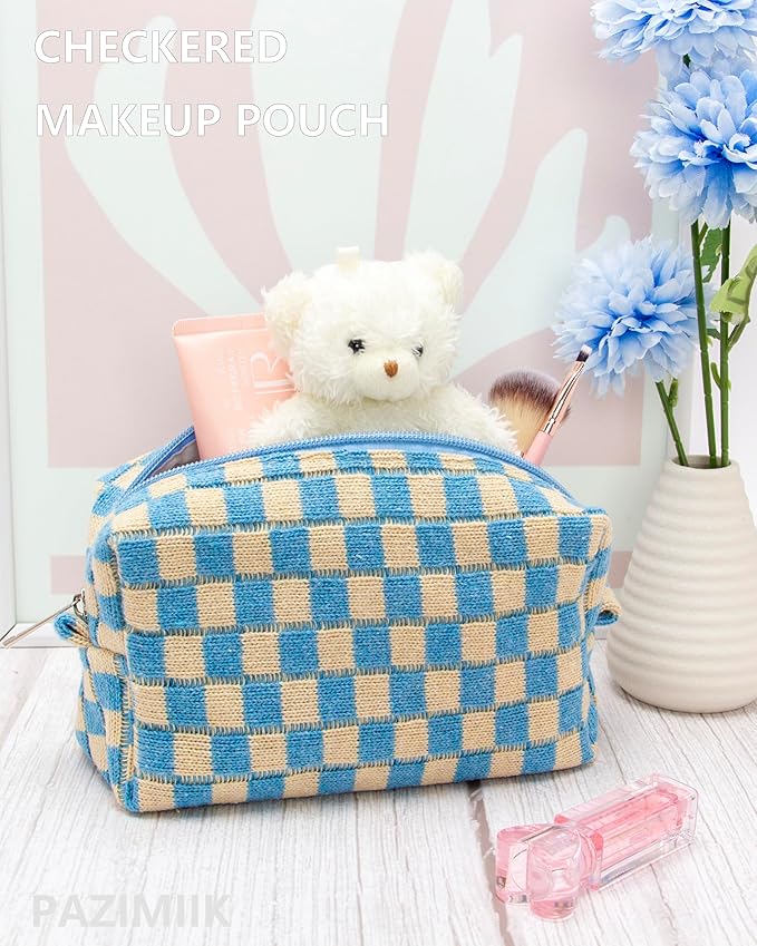 PAZIMIIK 2PCS Checkered Makeup Bag for Purse Portable Zipper Make Up Pouch Small Cosmetic Case for Travel Accessories Blue Beige