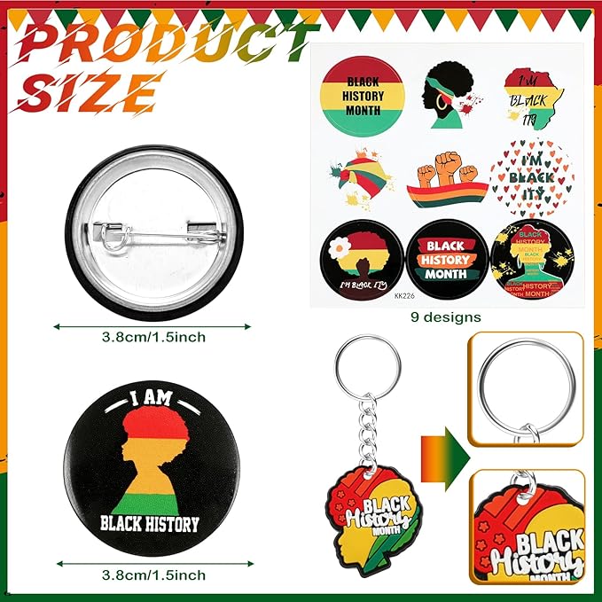 38 Pcs Black History Month Party Favors Including 12 Pcs Elastic Rubber Bracelets 12 Pcs Keychain 12 Pcs Buttons Badges Pins 2 Pcs Labels Stickers for Party African Black Freedom Day Supplies