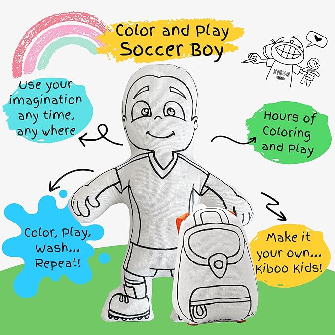 Color Your Doll - Coloring Toy for Kids - Educational Art and Crafts for Girls and Boys -Color, Play, Wash, Repeat (Soccer Boy, Markers Included)