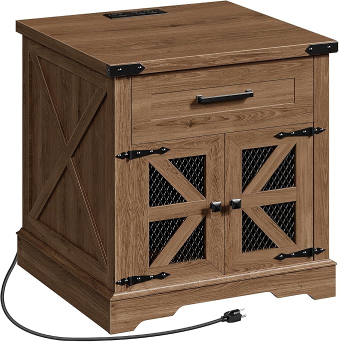 Walnut Farmhouse End Table with Charging Station, 24" Large Sofa Side Table with Drawer, Large End Table for Living Room, Wooden Nightstand with Outlet, Square, Walnut