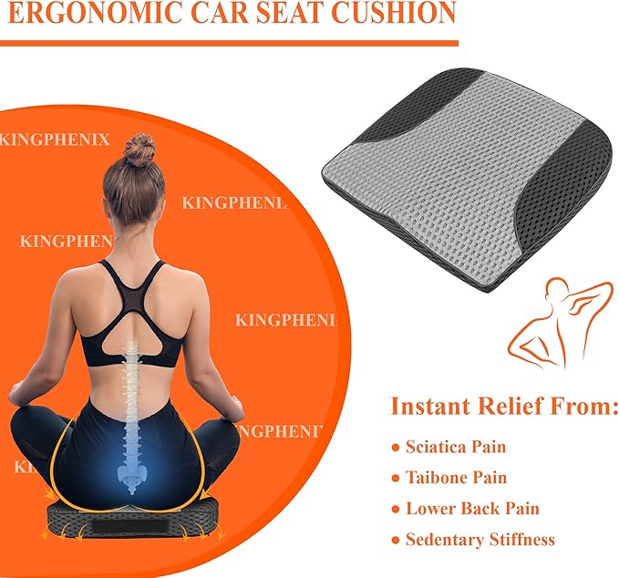 kingphenix Premium Car Seat Cushion, Memory Foam Driver Seat Cushion to Improve Driving View- Coccyx & Lower Back Pain Relief - Seat Cushion for Car, Truck, Office Chair (4D Mesh Gray & Black)