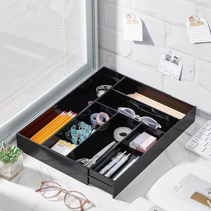 Briwooody 1 Pcs Acrylic Drawer Organizer 9'' up to 18'' x 15'' x 2'' Expandable Drawer Organizer Pens Notebook Ruler Makeup Tray with 7 Adjustable Compartments for Desk Office Kitchen Bathroom(Black)