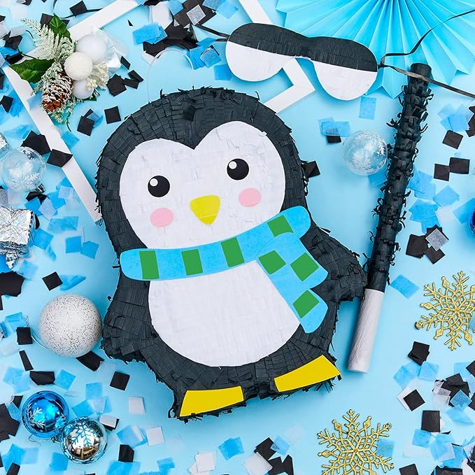 Lewtemi 15.1 Inch Penguin Piñata Winter Penguin Party Supplies Candy Animal Piñata with Stick Confetti and Blindfold Gift for Boy Girl Adult Winter Theme Birthday Party Supplies Decorations(Classic)