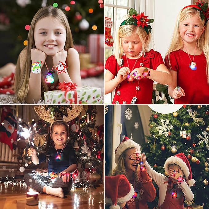 CCINEE 54pack Christmas Party Favors for Kids Light Up Necklace Lighted Rings LED Flash Bracelet Bulk Flashing Light Glow in the Dark Xmas Stocking Stuffers for Christmas Party Supplies