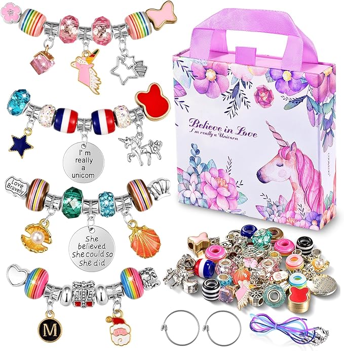 Girls Charm Bracelet Making Kit: Girl Toys Make Jewelry Supplies Set Unicorn DIY Craft Art Set Charm Bracelets Kits Creative Birthday Gifts for Girl Age 6 7 8 9 10 11 12 Year Old Kids Little Children