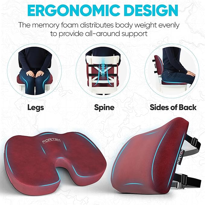 FORTEM Seat Cushion, Office Chair Cushion, Lumbar Support Pillow for Office Chair, Memory Foam Sciatica Coccyx Tailbone Pressure Pain Relief, Car Sitting Pad, Washable Non Slip