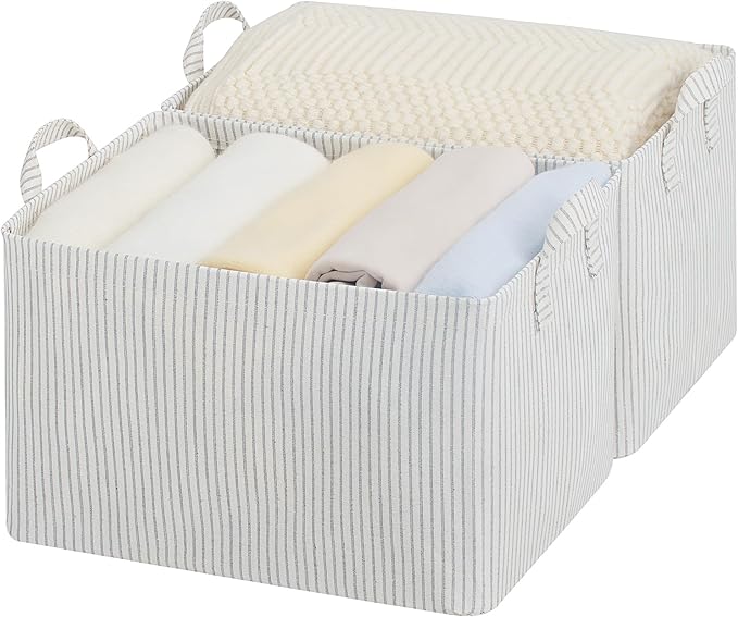 StorageWorks Storage Bins, Fabric Storage Bins for Shelves, Large Storage Baskets with Metal Frame, Closet Baskets and Bins with Handles, Khaki and Beige Stripes, 2-Pack