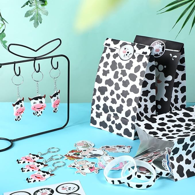 Cow Party Favors Supplies Include Cow Silicone Bracelets Cow Keychain Cow Party Present Bags and Waterproof Cow Stickers for Baby Shower Return Present Farm Animal Birthday (Novel Style, 104 Pieces)