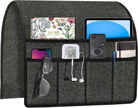 Joywell Remote Control Caddy for Chair Arm Couch Armrest Organizer Non Slip Sofa Armchair Caddie with 6 Pocket Storage for Magazine, Tablet, Phone, iPad, Dark Grey