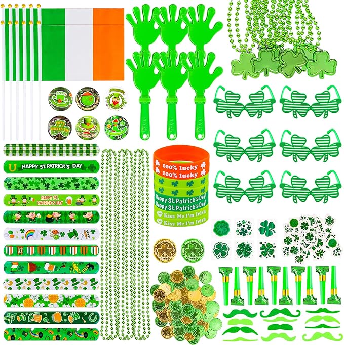 Garma 238 PCS St Patricks Day Decorations Set Glasses Bracelets Coins Necklaces Flags Tattoos Brooches Fake Beards Party Blowers Hand Clappers Saint Patricks Day Party Favors Accessories Supplies