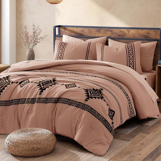 MaiRêve Embroidery Comforter Set, Boho Farmhouse Western Bedding Set, All Season Bed in A Bag Comforter Set with Sheets, Pillowcases & Shams, Dusty Pink Full 7 Pieces