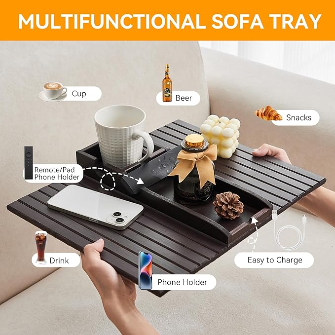GEHE Bamboo Couch Cup Holder, Anti-Spill Sofa Arm Tray, Natural and Easy to Clean Couch Arm Cup Holder Armrest Tray Perfect for Cups, Beers, Snacks, Remote Control, Drinks