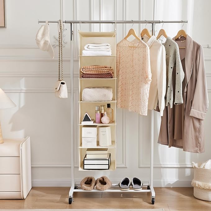 MAX Houser 6 Tier Shelf Hanging Closet Organizer, Cloth Hanging Shelf with 2 Sturdy Hooks for Storage, Foldable (Beige)