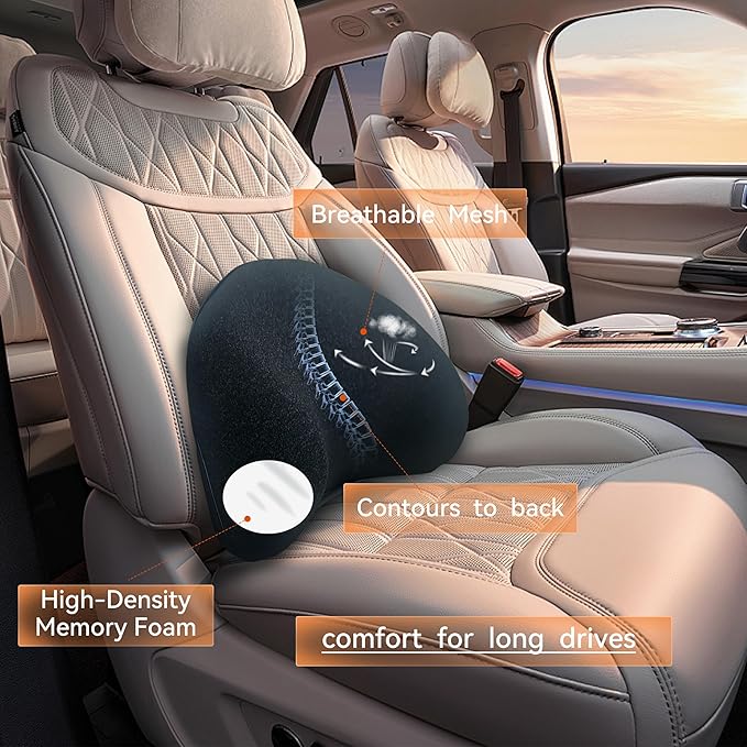 Super Snug Lumbar Support Pillow for Car, 100% Memory Foam Lumbar Pillow with Breathable Removable Cover, Ergonomic Design - Back Pillow Lumbar Support Pillow for Car Seat/Back Pain Relief(Black, 1PC)