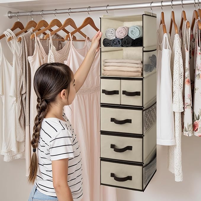 GRANNY SAYS Hanging Closet Organizers and Storage 6 Shelves, Closet Hanging Organizer with 5 Drawers, 6 Side Pockets Hanging Storage Organizer, Portable Clothes Organizer for Closet, Beige