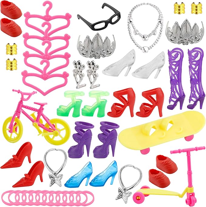 JANYUN Total 114pcs -16 Pack Doll Clothes Party Gown Outfits Set for Doll+ 98pcs Girl Dolls Dresses Accessories Shoes Bags Necklace Mirror Hanger Tableware (Playing Style)