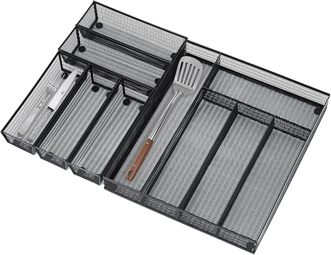 Neudeco Drawer Organizer Set 6 Pack - 5-Compartment Silverware Organizer Tray + 5 Utensil Trays, Kitchen Drawer Organizer for Flatware, Cutlery, Office Supplies, Black Mesh, Non-Slip.