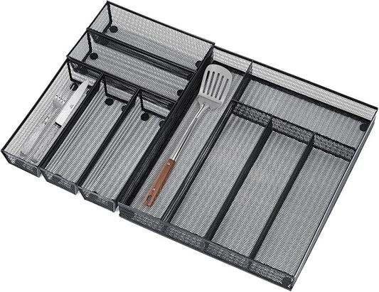 Neudeco Drawer Organizer Set 6 Pack - 5-Compartment Silverware Organizer Tray + 5 Utensil Trays, Kitchen Drawer Organizer for Flatware, Cutlery, Office Supplies, Black Mesh, Non-Slip.