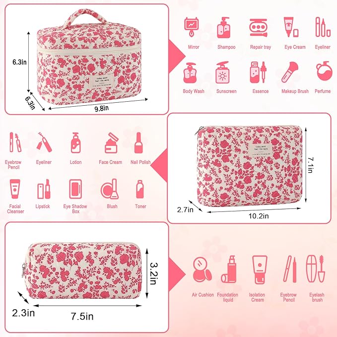 URSKYTOUS 3Pcs Cotton Quilted Makeup Bag for Women Large Small Travel Cosmetic Bag Set Cute Pink Floral Print Makeup Pouch for Purse Portable Skincare Bags Coquette Vintage Puffy Travel Essential