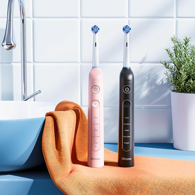 Bitvae Rotating Electric Toothbrush 2 Packs for Adults with Pressure Sensor, Gifts for Men/Women, 5 Modes Rechargeable Power Toothbrush with 8 Brush Heads, Black & Pink, R2