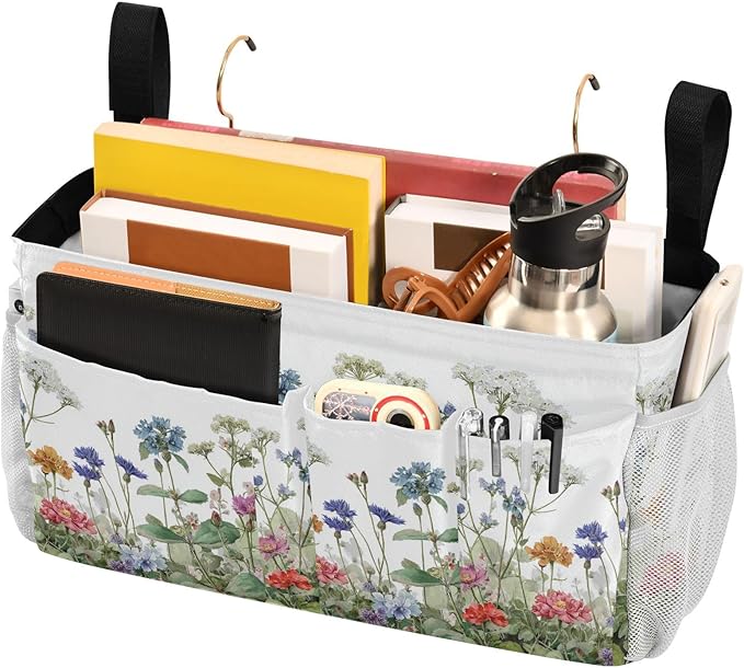 Wildflower Bloom Blue Bedside Caddy for Dorm Bed Bedside Hanging Caddy Bag Iron Frame Storage Organizer Pocket for Bunk Home College Hospital Beds 2 Hooks