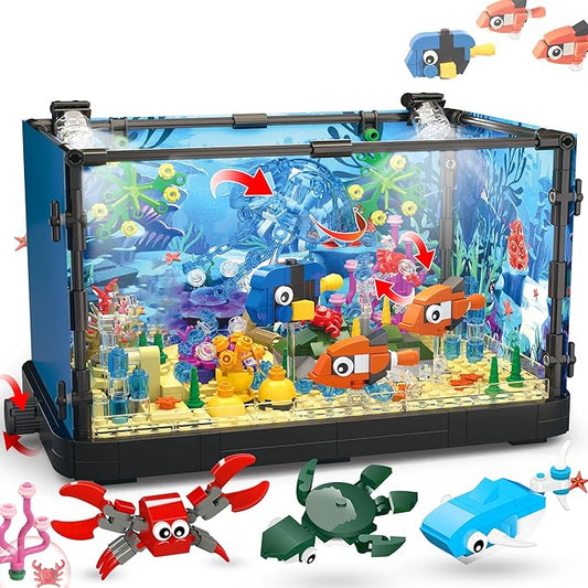 Fish Tank Building Block, Lighting Aquarium Building Sets for Adults and Kids Including Ocean Jellyfish, Dolphin, Turtle, Crab, Animal Building Toys for Boys Age 8-12, 725pcs