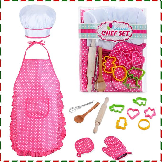 HmiL-U Chef Set for Kids - 13 Pcs Kids Cooking and Baking Set Includes Kids Apron, Chef Hat, Utensils, Cooking Mitt for Kids Chef Role Play Set , Gift for 3 Year Old Girls and up …