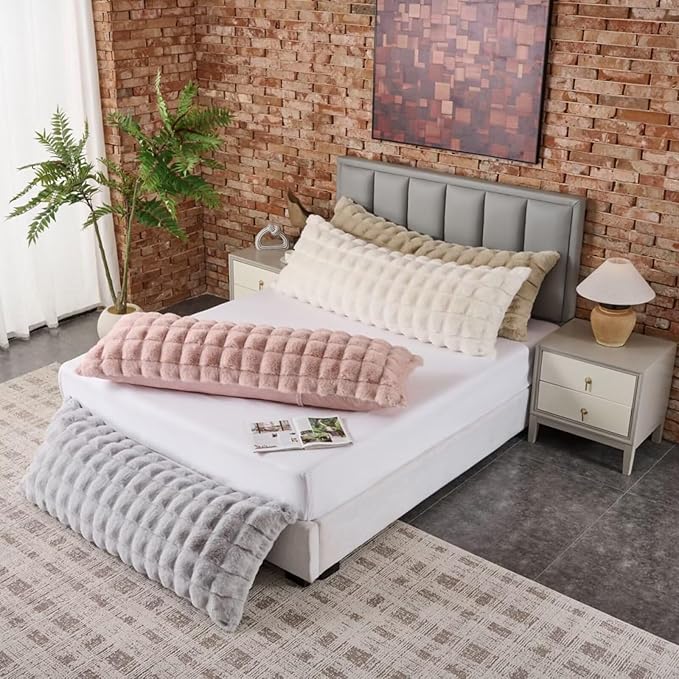 Luxury Shaggy Faux Fur Body Pillow,Fluffy Bed Pillow with Zipper Closure,Soft Decorative Plush Full Long Pillows,Fuzzy Hug Pillow for Living Room Side Sleeper & Pregnancy 20"x54" Sage Green Grid Print