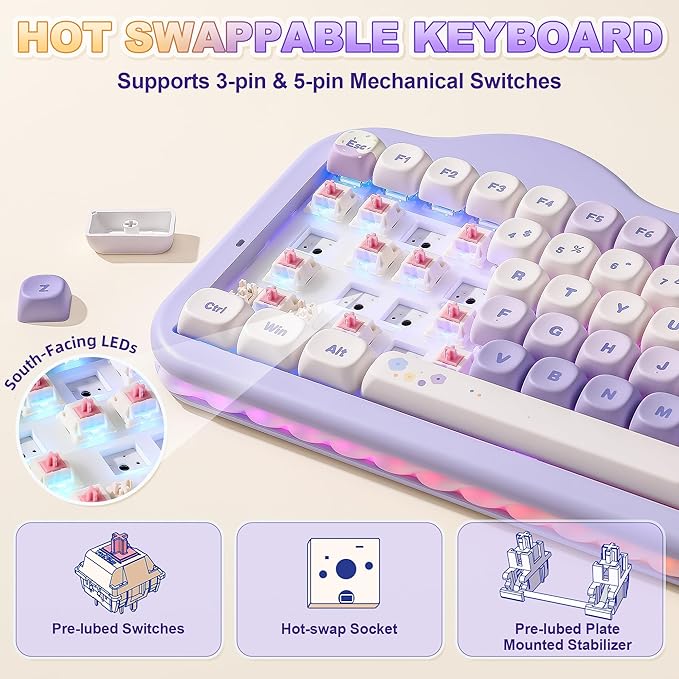 YUNZII C75 Wireless Mechanical Keyboard,75% Layout, Hot-Swappable NKRO,BT5.0/2.4G/USB-C Mode,Dye-Sub PBT MOA Keycaps,RGB Gasket Mount,Cute Cake Design for Mac/Win/Gaming (Purple, Candy Switch)