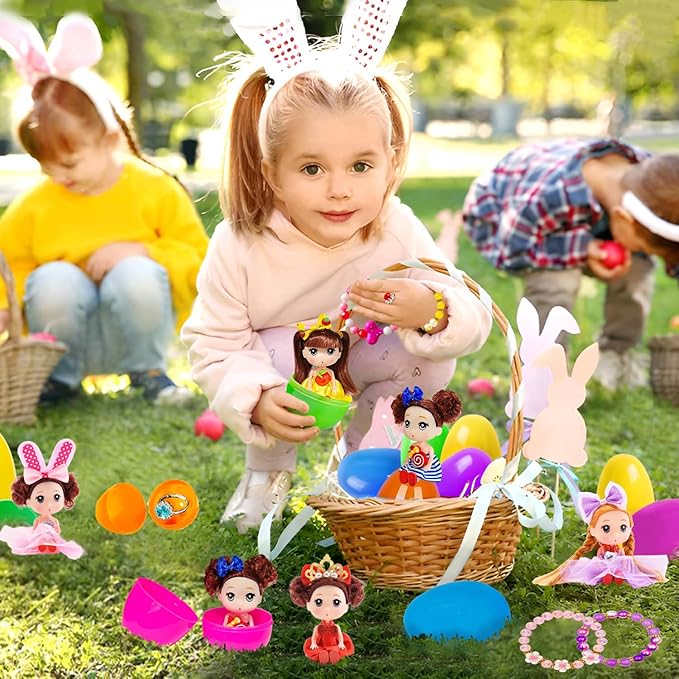 Girls Easter Eggs with Toys inside Easter Basket Stuffers for Girls 6 Dolls 6 Bracelets 6 Rings Easter Egg toys Gifts for Girls Toddler Kids Easter Eggs Filled with Toys 38 PCS