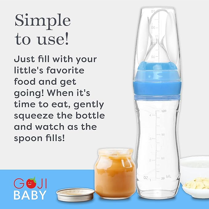 4 oz Silicone Baby Food Dispensing Spoon - 4 Pack - Great for 4+ Month Infants - Includes Stopper - Easy to Use and Mess-Free - Precise Food-Release Feeder - Great for Travel (Blue)